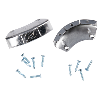 L'embout de botte O'NEAL RIDER PRO en métal est illustré de deux arceaux métalliques incurvés - dont un avec un motif de feuille gravé - et de huit vis argentées, toutes disposées proprement sur un fond noir.