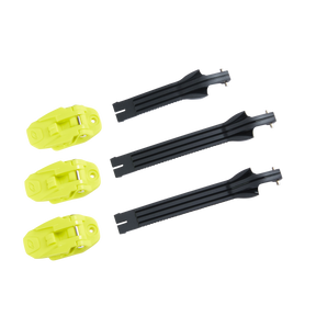 Trois jeux de boucles complètes O'NEAL RIDER PRO Yout sont représentés côte à côte, avec des attaches en plastique jaunes et de longs rails noirs rainurés sur fond blanc.