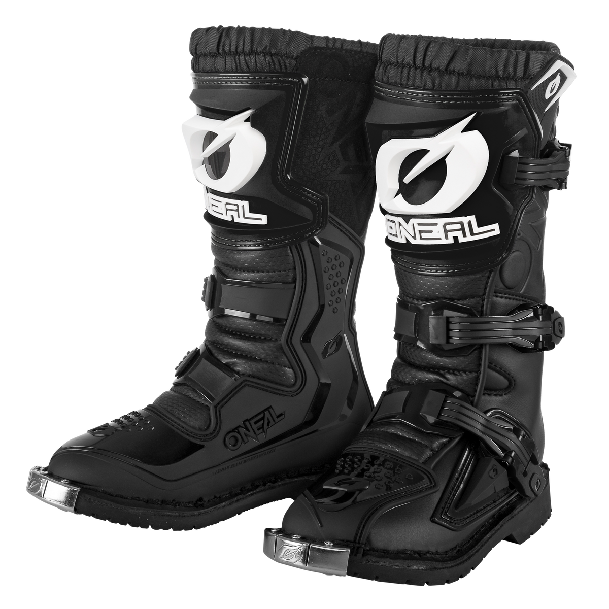 Ein Paar schwarze O'NEAL RIDER PRO Stiefel Kinder Motocross-Stiefel mit Metallkappen, verstellbaren Schnallen, verstärkten Schienbeinplatten und auffälligen weißen O'Neal-Logos - die perfekten Offroad-Stiefel von O'NEAL für junge Fahrer.