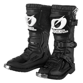 Une paire de bottes noires O'NEAL RIDER PRO Bottes de motocross pour enfants avec des embouts métalliques, des boucles réglables, des plaques de tibia renforcées et des logos blancs O'Neal accrocheurs - les bottes tout-terrain parfaites de O'NEAL pour les jeunes pilotes.