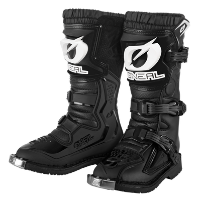 Une paire de bottes noires O'NEAL RIDER PRO Bottes de motocross pour enfants avec des embouts métalliques, des boucles réglables, des plaques de tibia renforcées et des logos blancs O'Neal accrocheurs - les bottes tout-terrain parfaites de O'NEAL pour les jeunes pilotes.