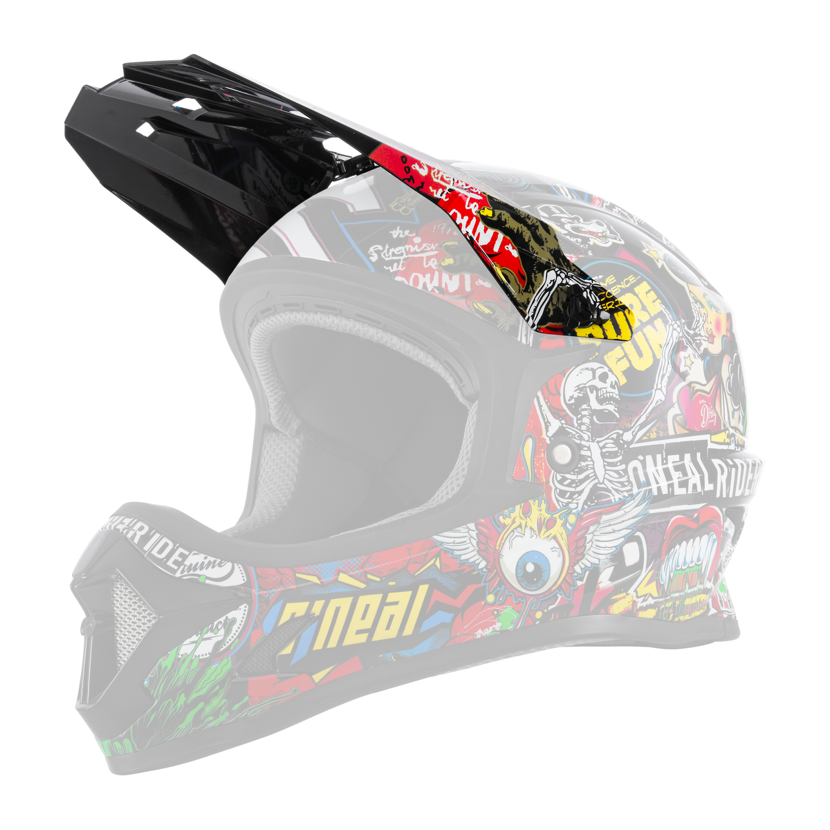 Der O'NEAL Visor SONUS Youth Helmet CRANK ist ein schwarzer Fullface-Motocross-Helm von O'NEAL, der mit bunten Grafikaufklebern mit Text, Totenköpfen, einem Haifischmaul und Designs im Comic-Stil versehen ist.