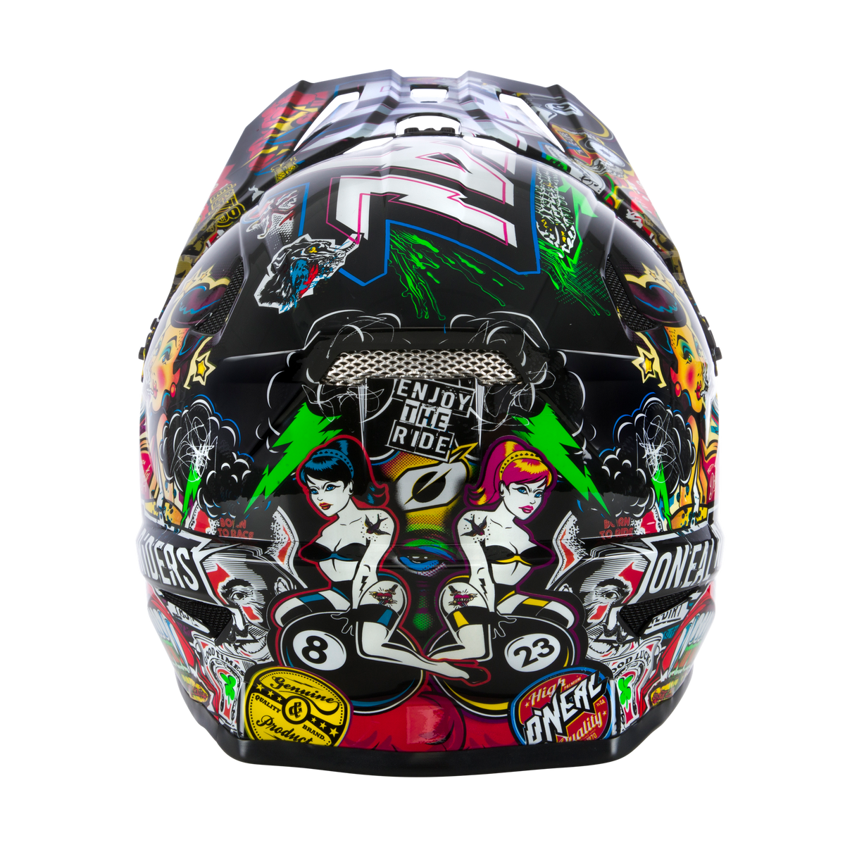 The O'NEAL SONUS helmet for children CRANK is a colorful youth helmet with colorful graphics, stickers, race numbers, flames, skulls, two illustrated women and "ENJOY THE RIDE" on the back - perfect for young bike or MTB fans.