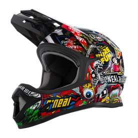 Der O'NEAL SONUS Helm Kinder CRANK ist ein schwarzer Vollvisierhelm von O'NEAL mit leuchtenden, auffälligen Grafiken - Totenköpfe, Texte und Muster - sowie einem robusten Kinnschutz und Visier für Top-Bike-Style.