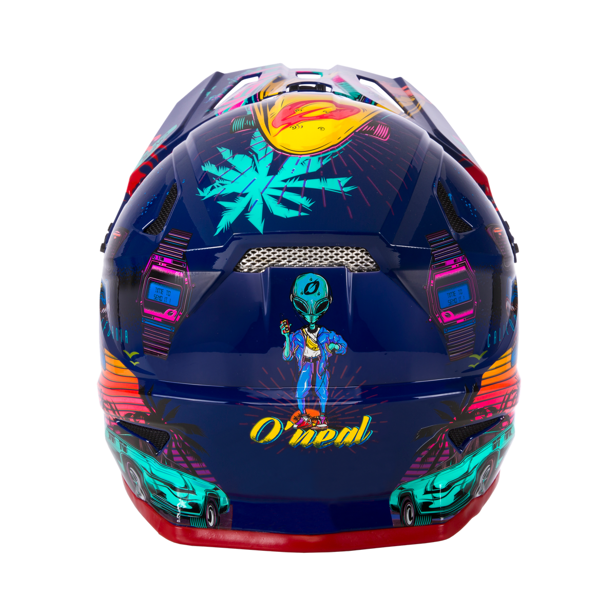 Der O'NEAL SONUS Helm Kinder REX von O'NEAL zeigt Neon-Designs - ein illustriertes Alien mit einem Getränk, futuristische Autos und digitale Panels auf dunklem Hintergrund. Ideal als auffälliger MTB-Helm oder Fahrradhelm für Kinder.