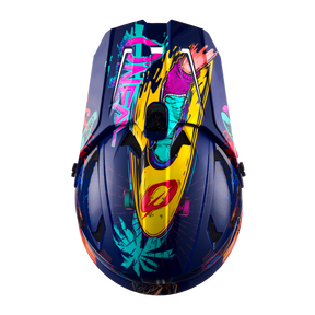 El casco O'NEAL Sonus para niños Rex by O'NEAL presenta gráficos vibrantes -patín, zapatillas rosas, hojas de palmera y llamativos dibujos de neón sobre un fondo azul oscuro- y texto estilo graffiti para un aspecto moderno y llamativo.