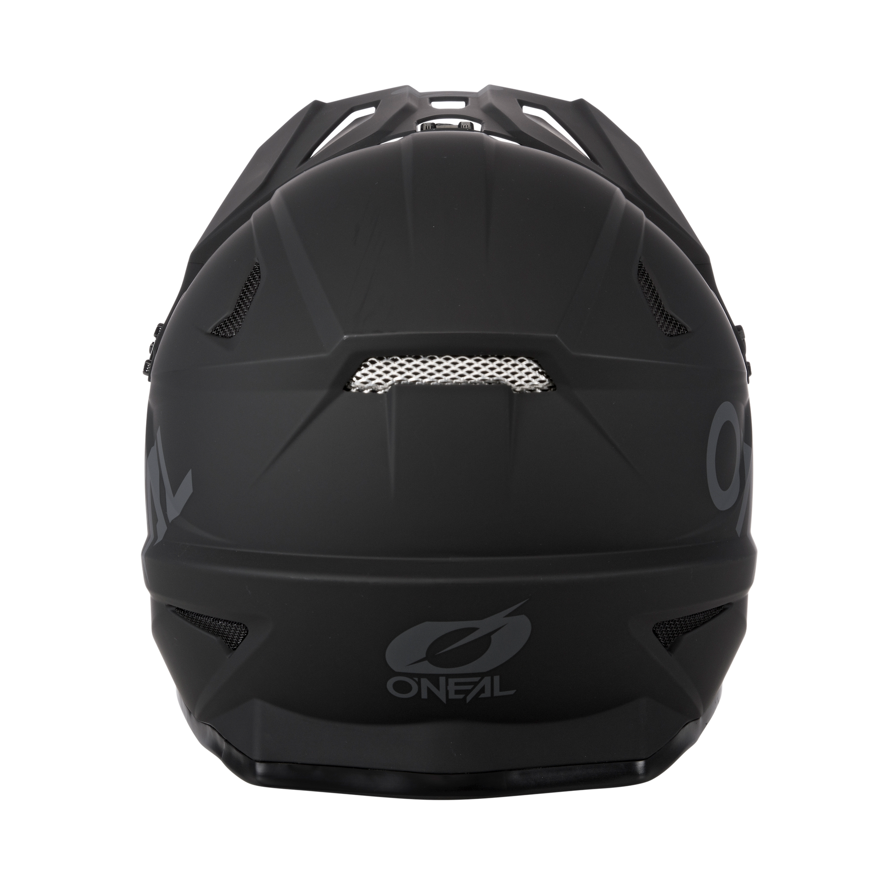 Der mattschwarze O'NEAL SONUS Helm Kinder SOLID ist ein Fullface-MTB-Helm mit kantigen Belüftungsöffnungen, einer netzbespannten Öffnung und einem grauen O'NEAL-Logo - ideal für junge Fahrer, die Stil und Schutz suchen.