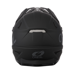Le casque O'NEAL SONUS SOLID en noir mat présente des ouvertures d'aération à l'arrière, une zone en mesh et le logo O'NEAL gris dans la partie inférieure - idéal pour ta prochaine sortie en VTT.