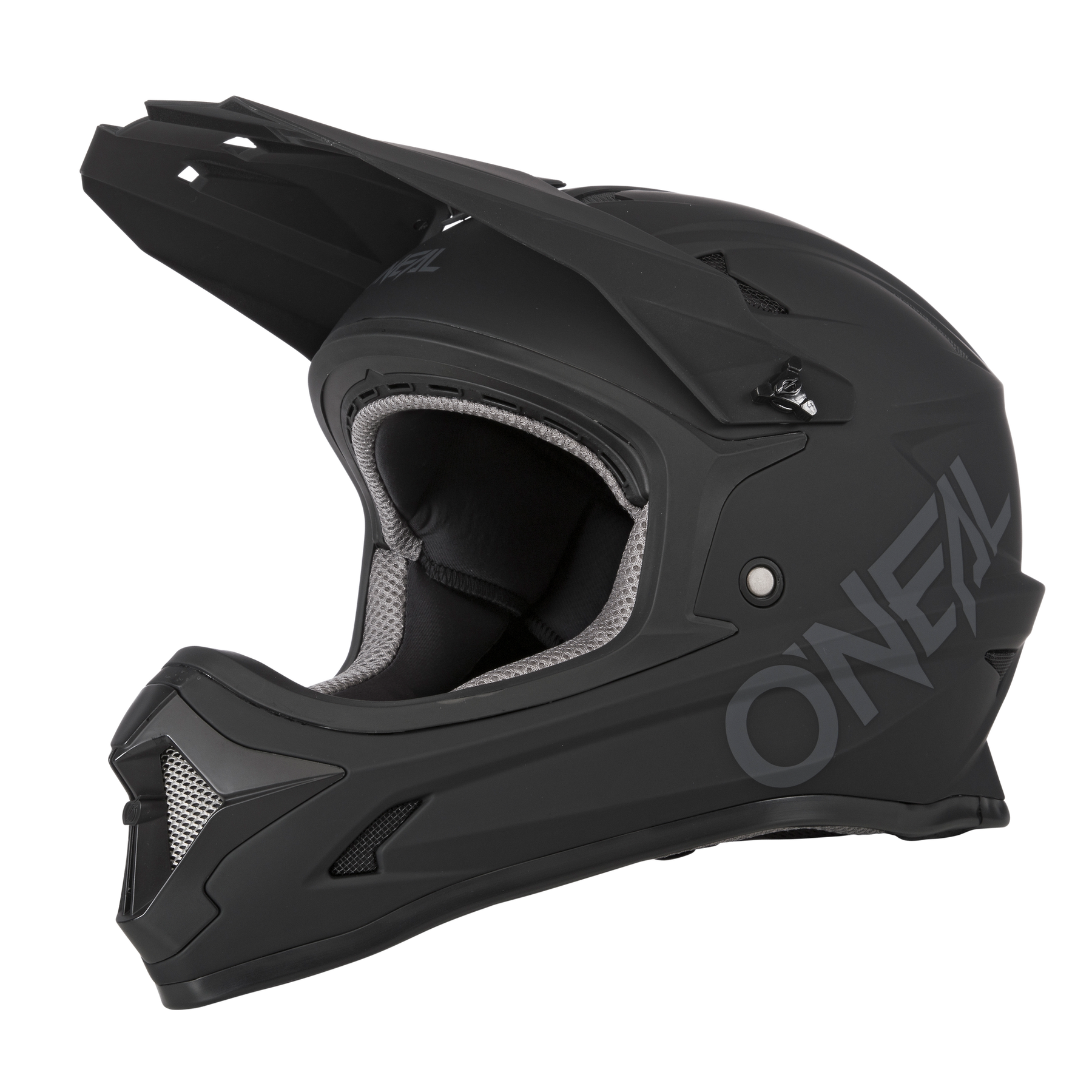 Der O'NEAL SONUS Helm SOLID ist ein mattschwarzer Fullface-MTB-Helm mit Visier und Kinnschutz, mit großem O'NEAL-Branding an der Seite und grau-schwarzer Innenpolsterung.