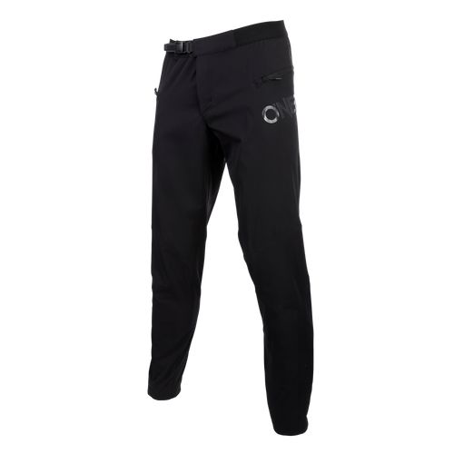 The O'NEAL TRAILFINDER pants for youth are black, slim-fit sports pants with a zippered side pocket, an adjustable waist belt and a white 