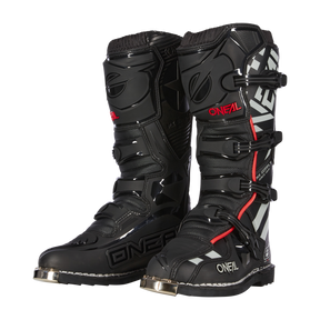 A pair of O'NEAL TRIBUTE boots SQUADRON motocross boots in black with silver, white and red accents, metal caps on the toes and adjustable buckles - ideal MX accessories for motorsport fans looking for top equipment for off-road or motorcycle sports.