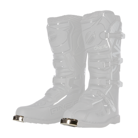 Ein Paar O'NEAL TRIBUTE Jugendstiefel mit Metallkappen an den Zehen, drei verstellbaren Schnallen und verstärktem Schienbein- und Knöchelschutz stehen aufrecht vor einem weißen Hintergrund.