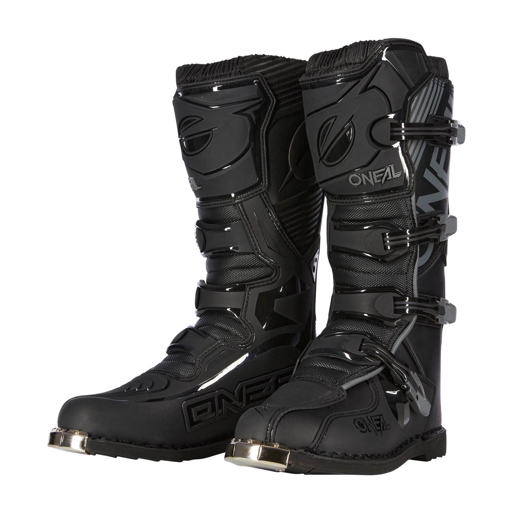 Ein Paar schwarze O'NEAL TRIBUTE Stiefel mit Metallkappen an den Zehen, mehreren Schnallen und verstärktem Schienbein- und Knöchelschutz - unverzichtbare Motocross-Ausrüstung für jeden Motorsportfan - steht aufrecht vor einem weißen Hintergrund.