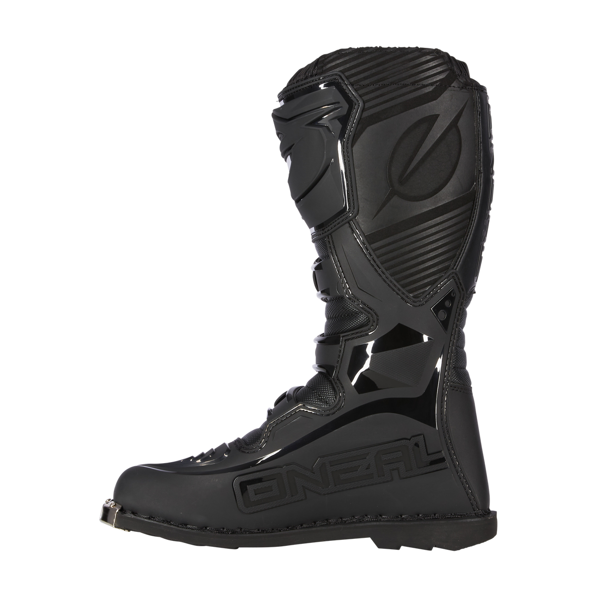 Der O'NEAL TRIBUTE Stiefel ist ein schwarzer High-Top-Stiefel mit verstärkten Einsätzen, Metallkappe und auffälligem O'NEAL-Branding, der für schweren Schutz und Off-Road-Motorsport konzipiert ist.