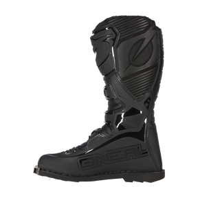 Der O'NEAL TRIBUTE Stiefel ist ein schwarzer High-Top-Stiefel mit verstärkten Einsätzen, Metallkappe und auffälligem O'NEAL-Branding, der für schweren Schutz und Off-Road-Motorsport konzipiert ist.