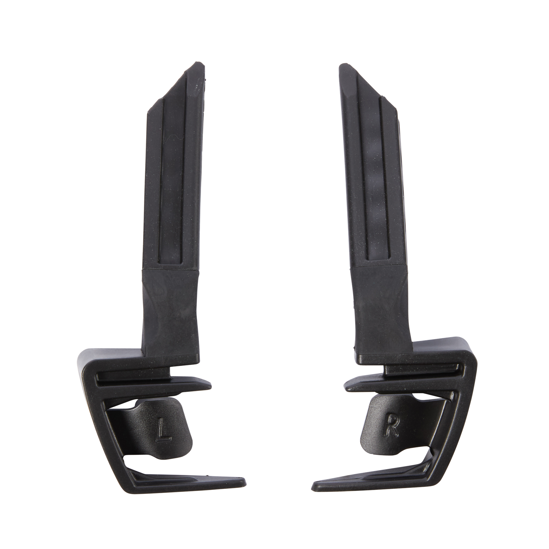 Zwei schwarze Kunststoffteile der O'NEAL Flexible Hinges TRON Neckbrace sind nebeneinander abgebildet, jeweils mit langen vertikalen Armen und abgewinkelten Sockeln, die mit "L" (links) und "R" (rechts) geprägt sind, um ihre Seiten zu kennzeichnen.