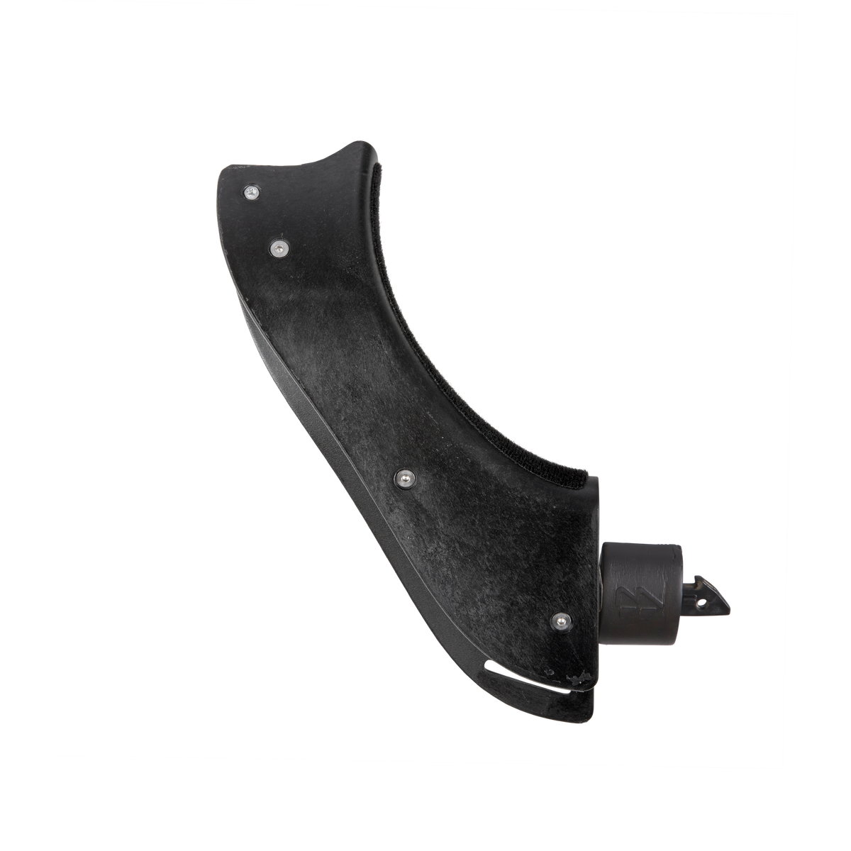 The O'NEAL TRON Front Frame Front Right Side by O'NEAL is a black, curved plastic part with screws and a protruding mounting piece at one end, shown isolated on a transparent background.