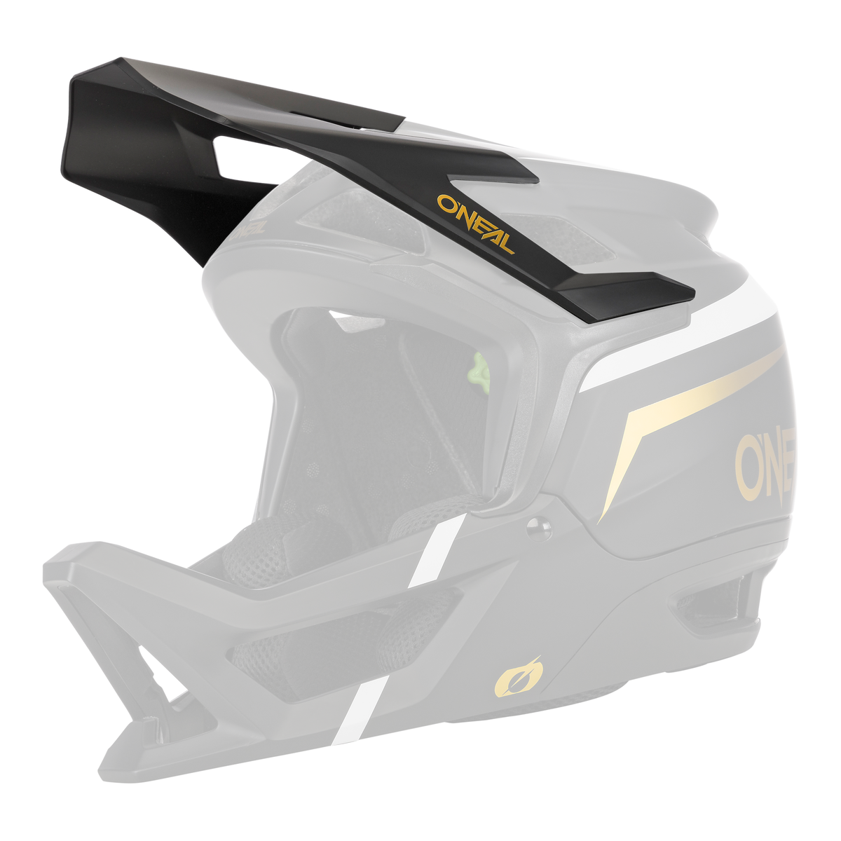 Le casque O'NEAL Visor TRANSITION FLASH est un casque de mountainbike fullface noir mat avec des accents dorés et blancs, une grande visière, des ouvertures d'aération et le logo O'NEAL sur le côté.