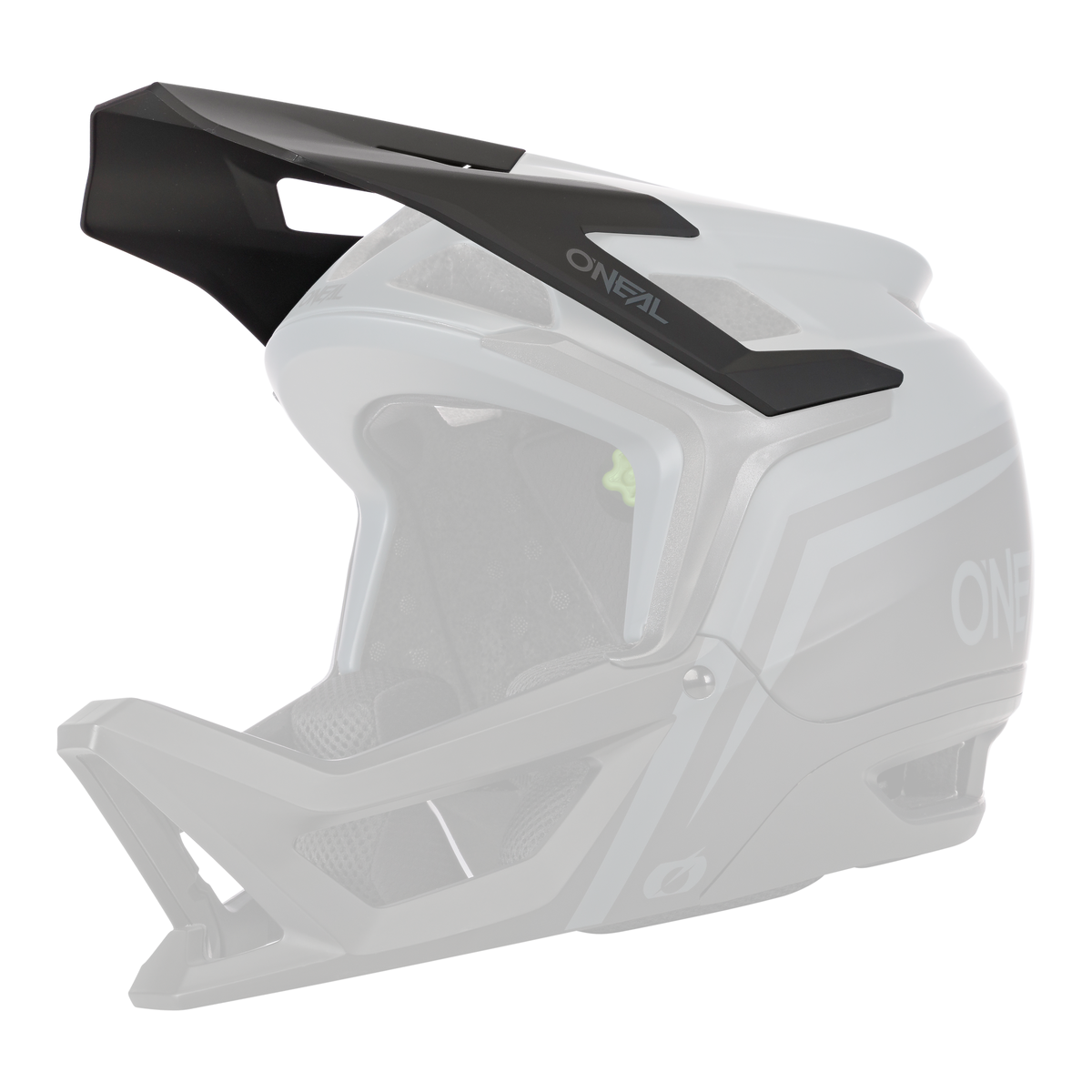 Le casque O'NEAL Visor TRANSITION FLASH est un casque de mountainbike fullface gris mat et noir avec une grande visière, une protection du menton, des ouvertures d'aération et un branding O'NEAL accrocheur.