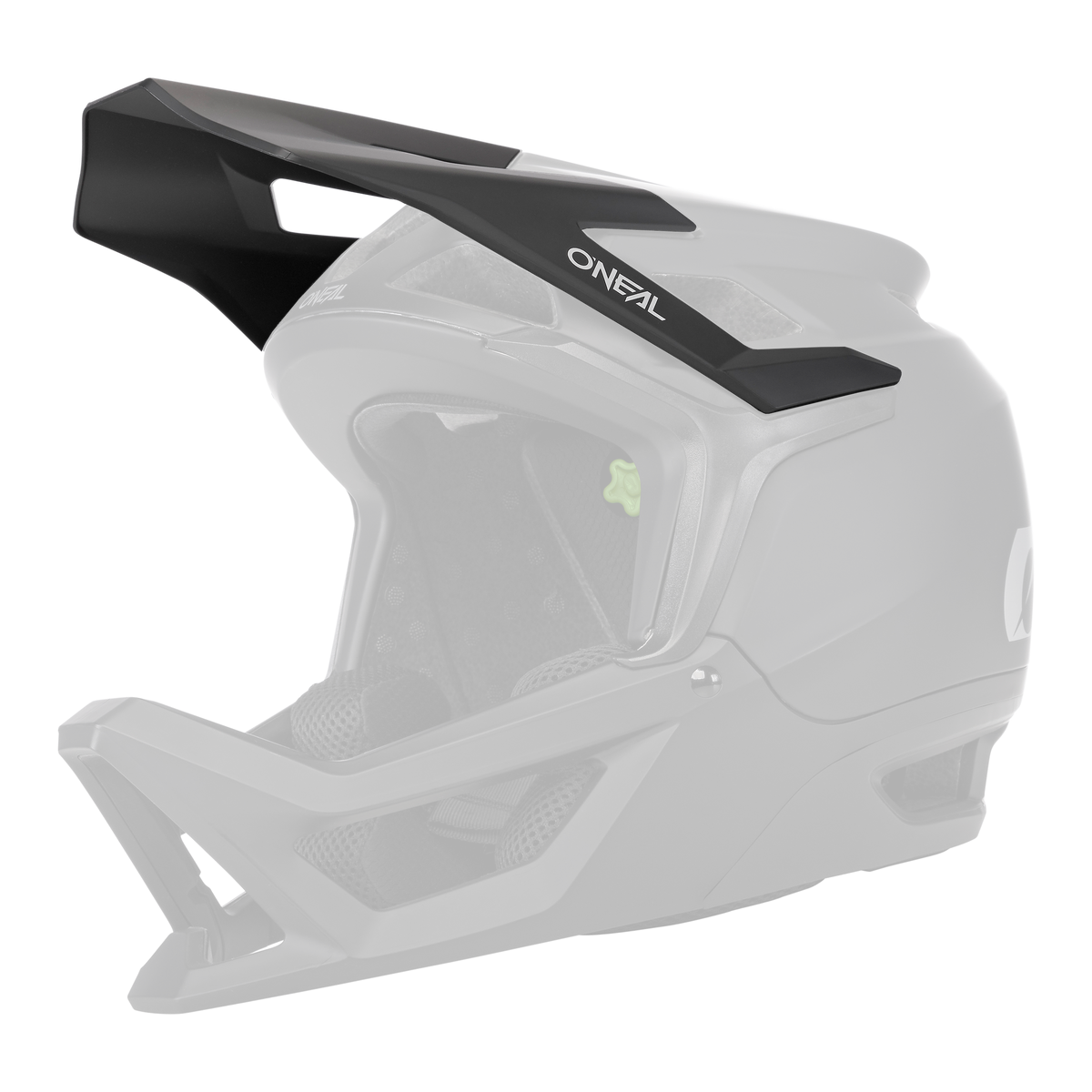 Le casque O'NEAL Visor TRANSITION SOLID est un casque de mountainbike fullface noir mat avec une grande visière, un intérieur rembourré, des ouvertures d'aération et le branding "O'NEAL" sur le côté.