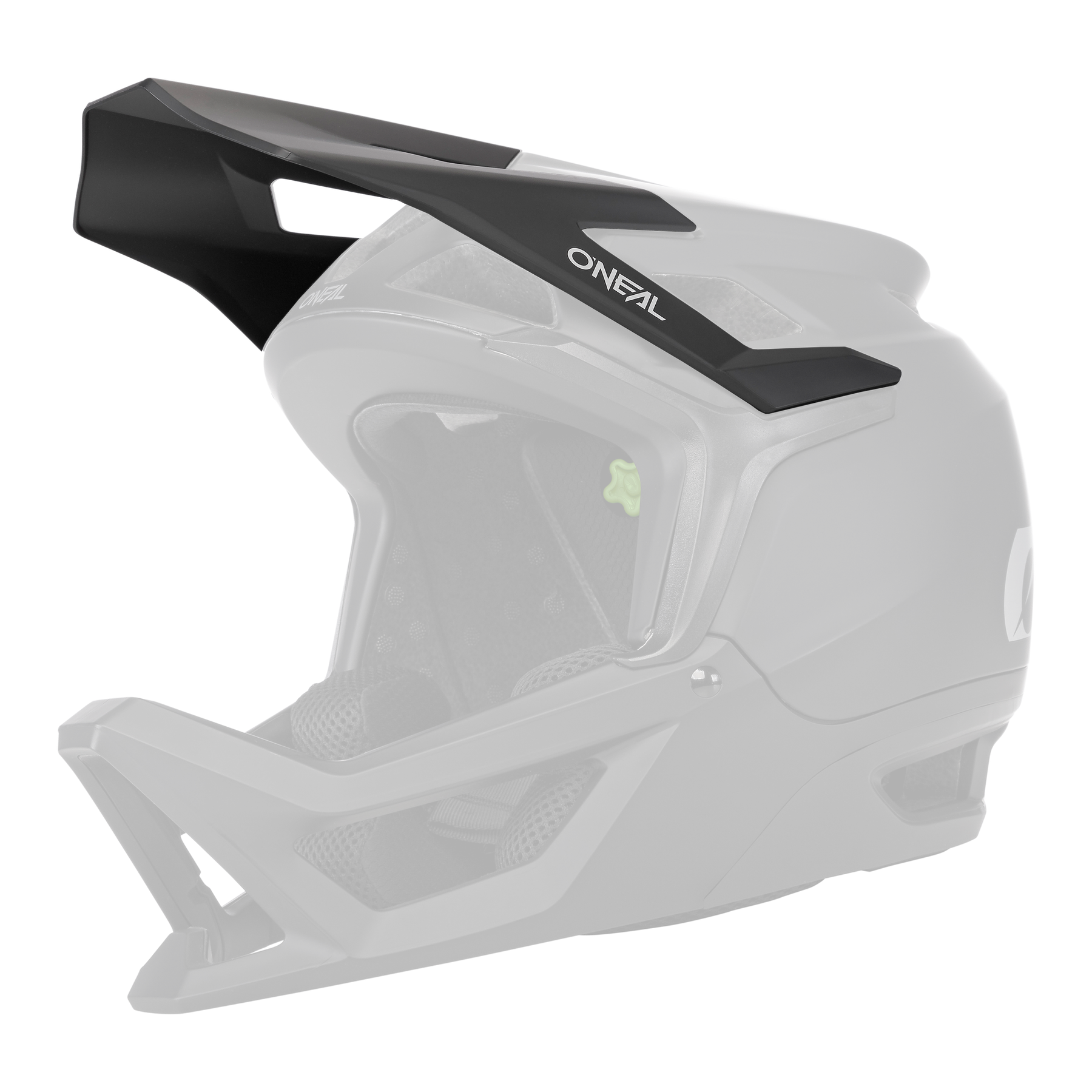 Der O'NEAL Visor TRANSITION Helmet SOLID ist ein mattschwarzer Fullface-Mountainbike-Helm mit großem Visier, gepolsterter Innenausstattung, Belüftungsöffnungen und "O'NEAL"-Branding an der Seite.
