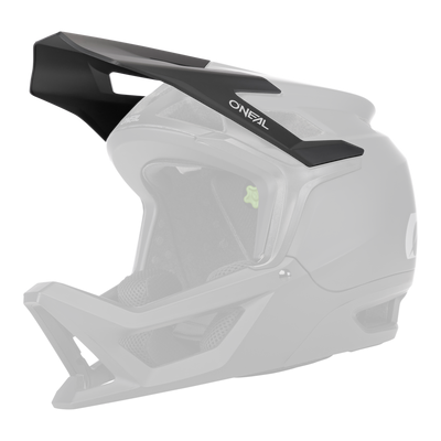 Le casque O'NEAL Visor TRANSITION SOLID est un casque de mountainbike fullface noir mat avec une grande visière, un intérieur rembourré, des ouvertures d'aération et le branding "O'NEAL" sur le côté.