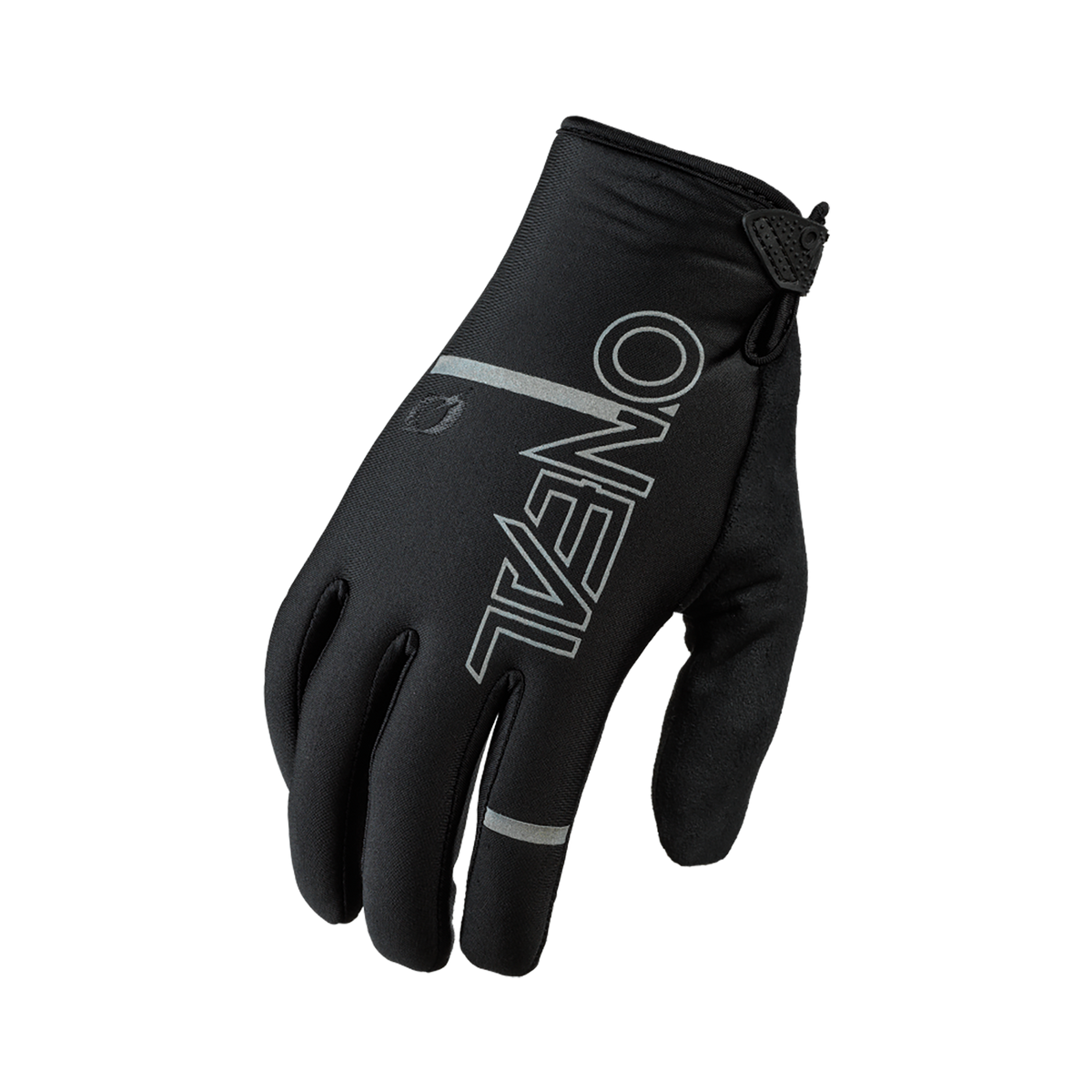 Ein schwarzer O'NEAL WINTER Handschuh mit grauem Streifen und diagonal aufgedrucktem O'NEAL-Logo, der mit der Handfläche nach unten und leicht gekrümmten Fingern gezeigt wird.