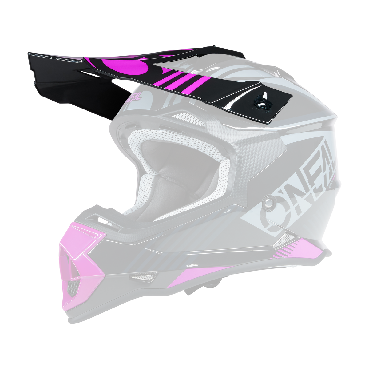 Der O'NEAL Visor 2SRS Helmet RUSH ist ein schwarzer Motocross-Helm mit auffälligen geometrischen Mustern in Pink und Grau, Belüftungsöffnungen, gepolstertem Innenfutter, einem Visier und dem O'NEAL-Logo an der Seite.