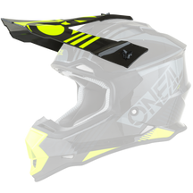 El casco O'NEAL Visor 2SRS RUSH es un casco de motocross negro y amarillo neón con llamativos motivos geométricos, una gran visera, ventilación, acolchado protector y la inscripción "O'NEAL" en el lateral.