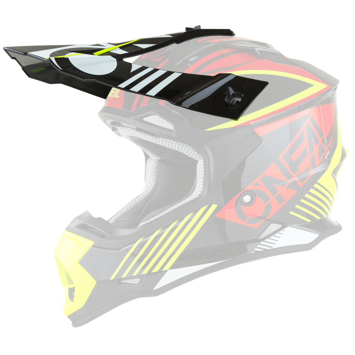 Der O'NEAL Visor 2SRS Helm RUSH ist ein schwarzer, roter, gelber und weißer Motocross-Helm mit einem Visier, auffälligen geometrischen Mustern und dem "O'NEAL"-Schriftzug an der Seite.