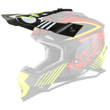El casco O'NEAL Visor 2SRS RUSH es un casco de motocross negro, rojo, amarillo y blanco con visera, llamativos motivos geométricos y la inscripción "O'NEAL" en el lateral.