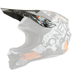 The O'NEAL Visor 3SRS helmet SCARZ by O'NEAL can be seen in the side view. It has black, white and orange graphics, angular ventilation openings, a distinctive chin guard and a visor on a white background.