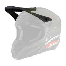 The O'NEAL Visor 5SRS Polyacrylite Helmet WARHAWK is a black and green motocross helmet with a visor featuring a shark's mouth with sharp teeth and a camouflage-style pattern.