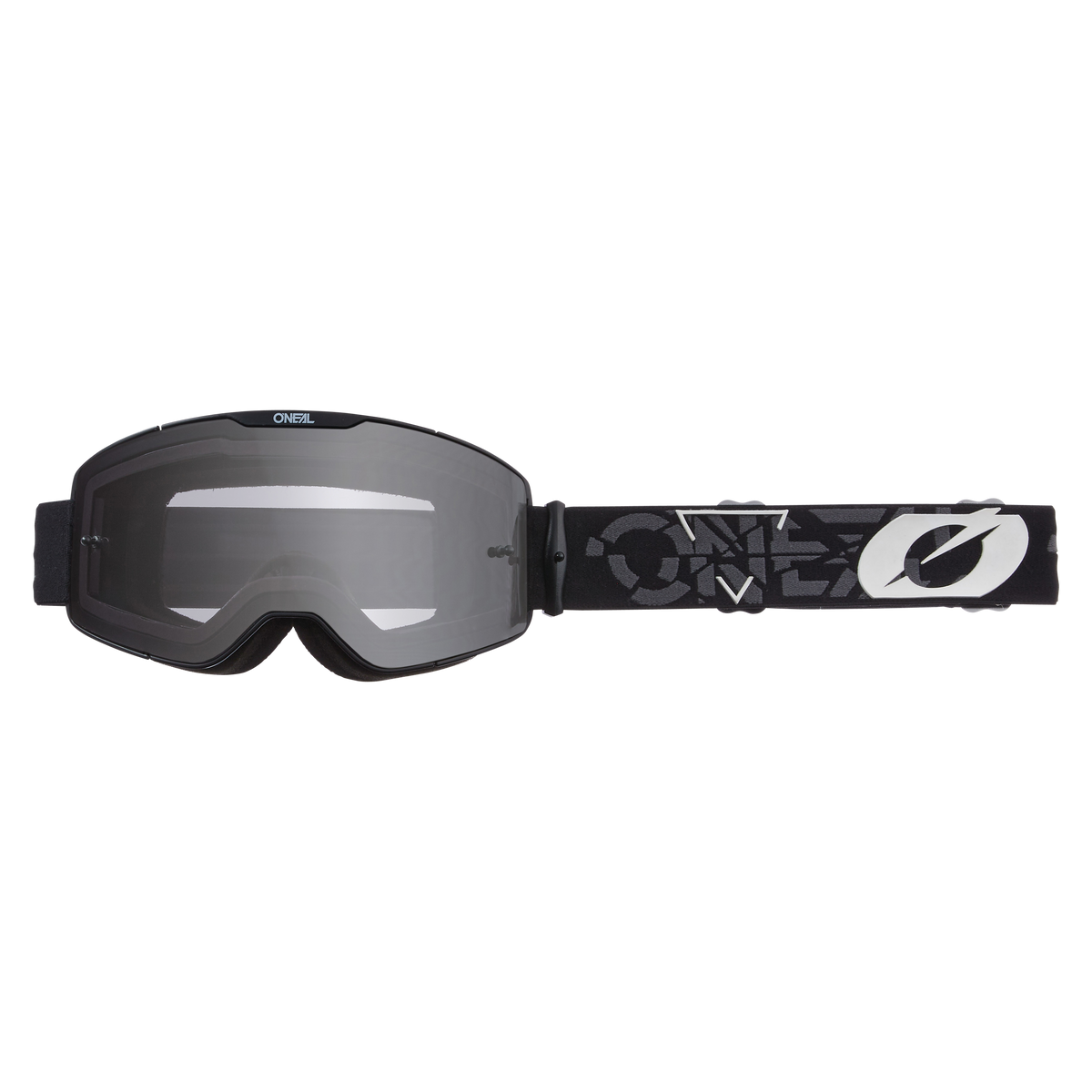 Die O'NEAL B-20 Brille STRAIN verfügt über ein getöntes Glas für ein weites Sichtfeld und wird mit einem verstellbaren Riemen mit weißem "O'NEAL"-Logo und -Design geliefert.
