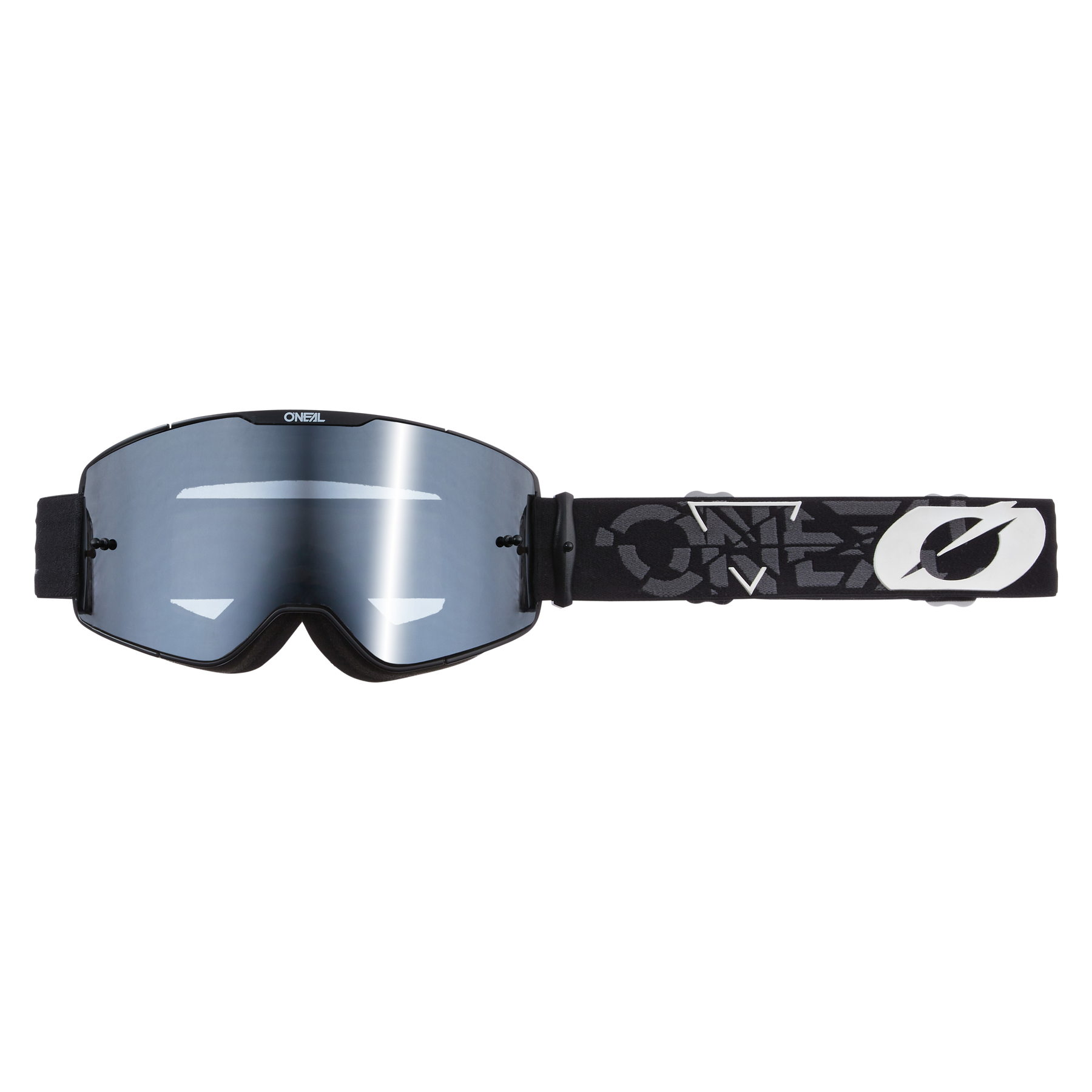 The O'NEAL B-20 Goggles STRAIN have a black and silver frame, reflective lenses, an adjustable black strap with white and gray O'NEAL logo and offer a wide field of vision for optimal performance on the track.