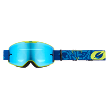 Die O'NEAL B-20 Brille STRAIN verfügt über eine blau getönte, reflektierende Scheibe, gelbe Akzente und ein blaues Band mit stilisiertem Design und ONEAL-Logo für optimale Motocross-Sicht und ein weites Sichtfeld.