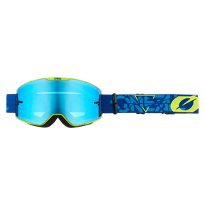 Die O'NEAL B-20 Brille STRAIN verfügt über eine blau getönte, reflektierende Scheibe, gelbe Akzente und ein blaues Band mit stilisiertem Design und ONEAL-Logo für optimale Motocross-Sicht und ein weites Sichtfeld.