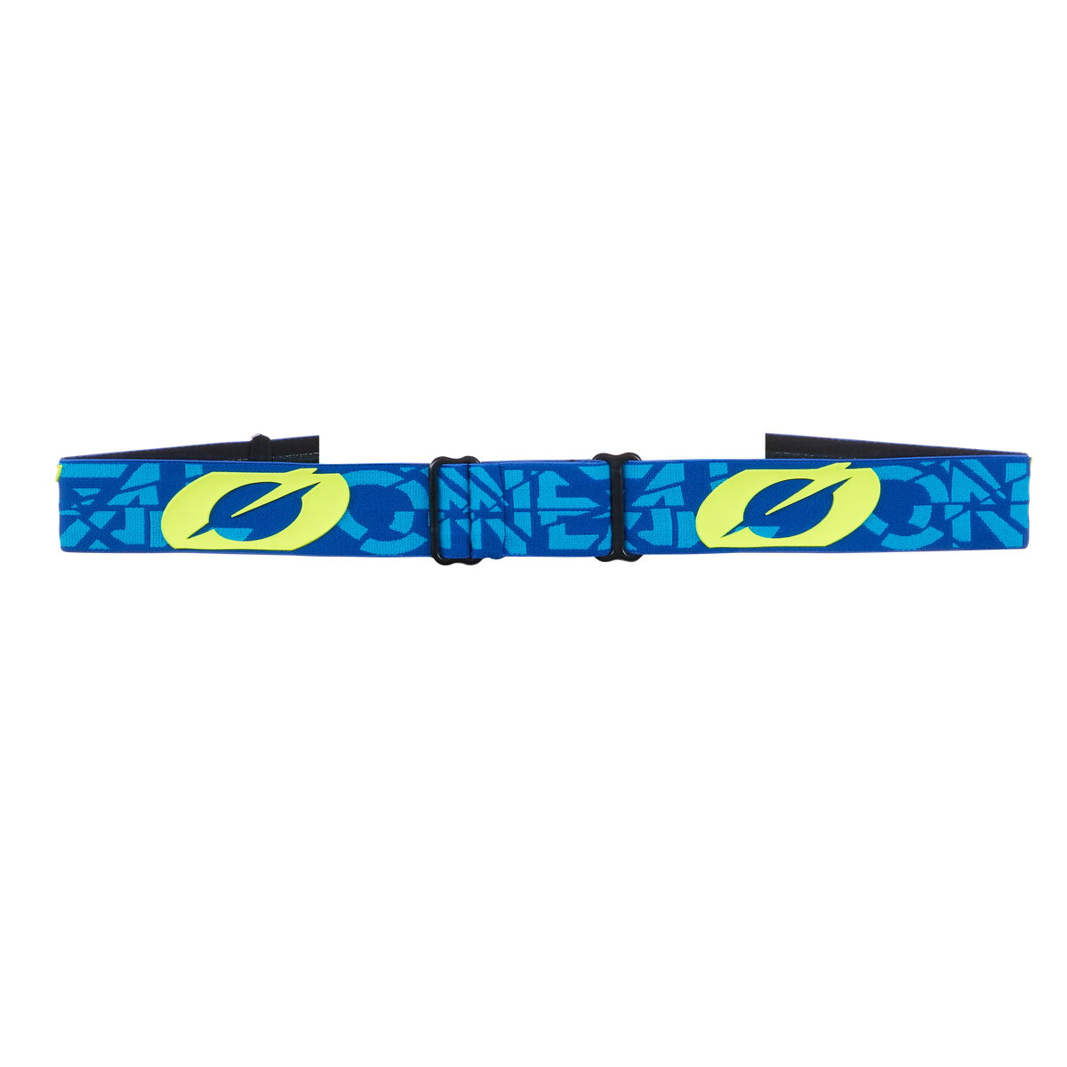 Der O'NEAL B-20 Brille STRAIN Gürtel hat ein blaues Band mit hellblauen geometrischen Mustern, gelben und dunkelblauen ovalen Logos, die von der kultigen B-20 Goggle inspiriert sind, und ist mit einer schwarzen rechteckigen Schnalle versehen.