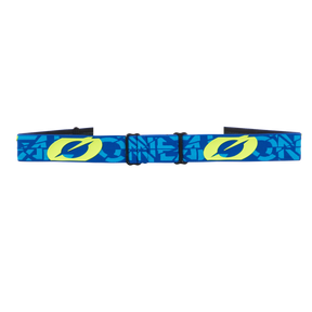 Der O'NEAL B-20 Brille STRAIN Gürtel hat ein blaues Band mit hellblauen geometrischen Mustern, gelben und dunkelblauen ovalen Logos, die von der kultigen B-20 Goggle inspiriert sind, und ist mit einer schwarzen rechteckigen Schnalle versehen.