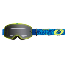 Neongelbe und schwarze O'NEAL B-20 Brille STRAIN mit blauem Grafikband, auf dem in Fettschrift "O'NEAL" steht, mit weitem Sichtfeld, reflektierenden Gläsern und verstellbarem Band.