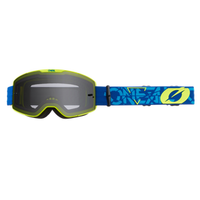 Neongelbe und schwarze O'NEAL B-20 Brille STRAIN mit blauem Grafikband, auf dem in Fettschrift "O'NEAL" steht, mit weitem Sichtfeld, reflektierenden Gläsern und verstellbarem Band.