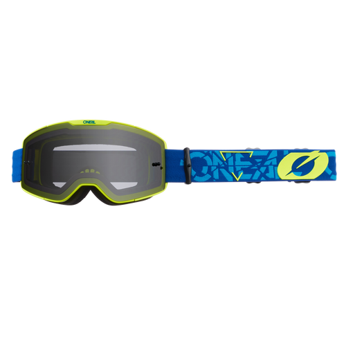 Occhiali O'NEAL B-20 STRAIN giallo neon e nero con nastro grafico blu con scritta 