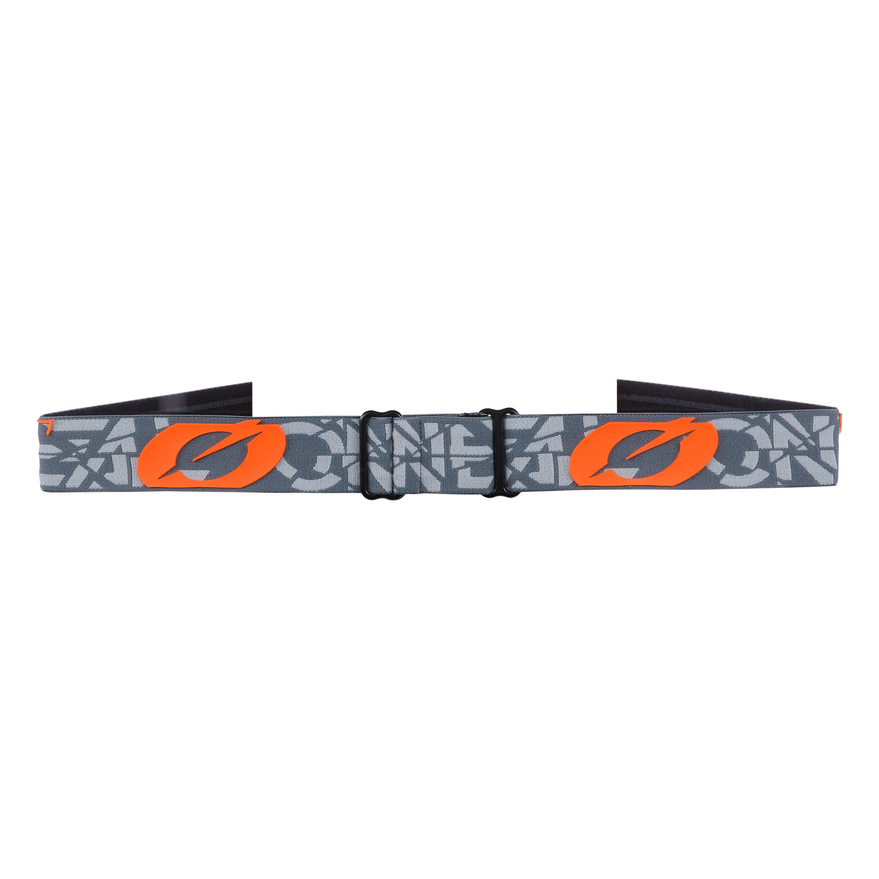 A gray belt with orange and gray geometric patterns and two large orange ovals, with a black plastic buckle, inspired by the clean lines and large field of vision of the O'NEAL B-20 Goggles STRAIN by O'NEAL.