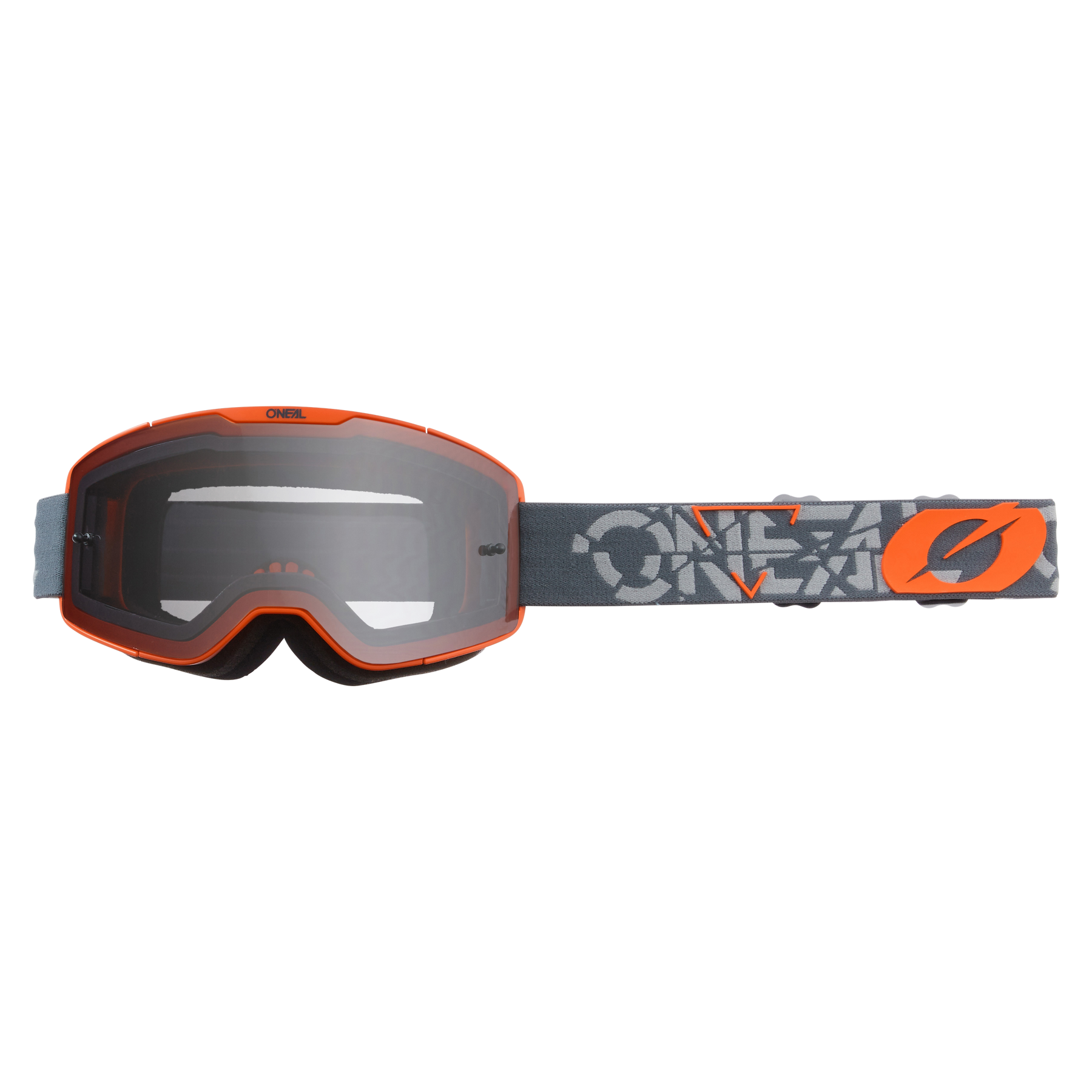 The O'NEAL B-20 Goggles STRAIN feature a black tinted lens for a wide field of vision, an orange frame and a gray strap with abstract patterns and the "ONE" logo in orange and white.