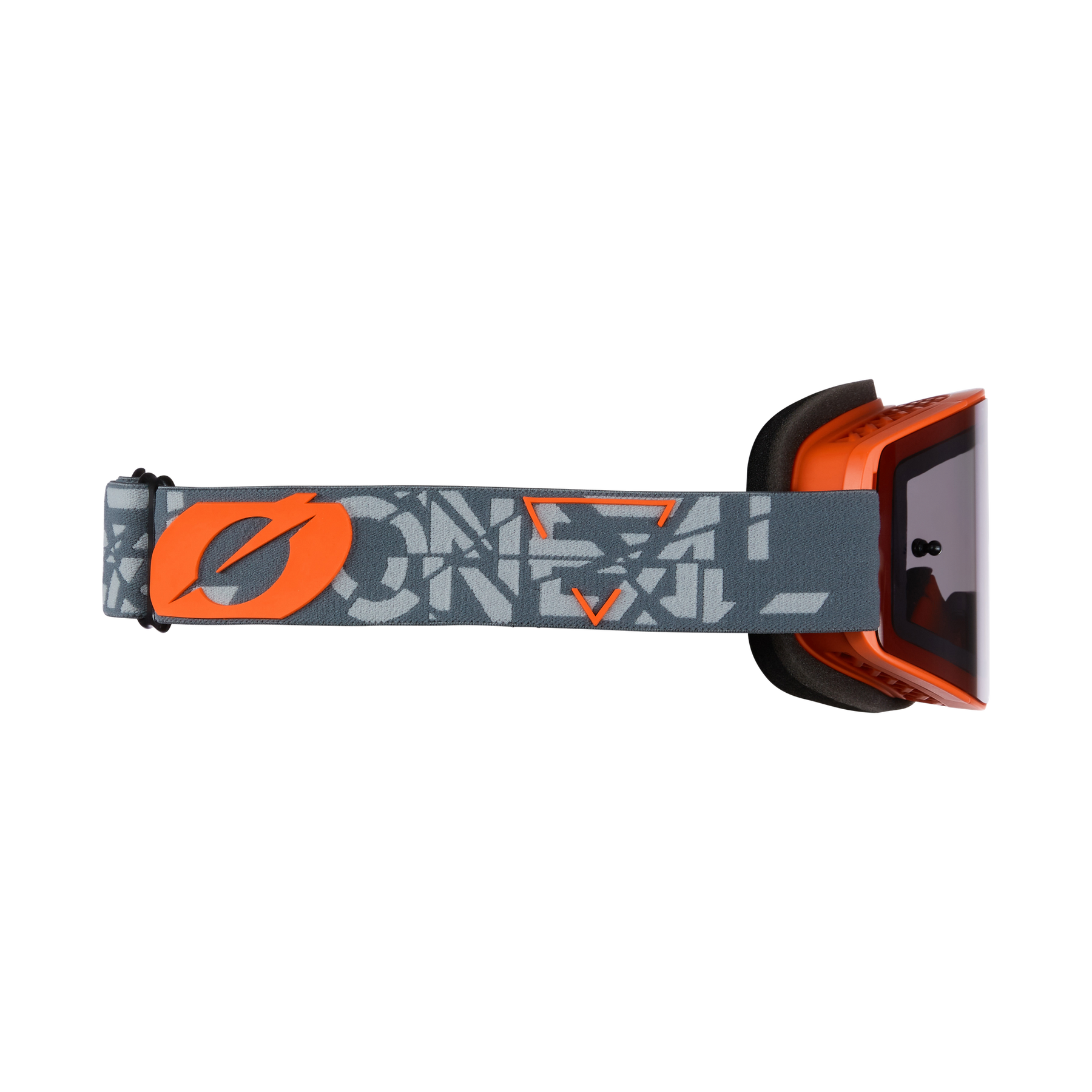 Side view of the O'NEAL B-20 Goggles STRAIN, an orange and black ski or motocross goggle with a gray adjustable strap, orange logo and graphic design that offers a wide field of vision, isolated on a black background.