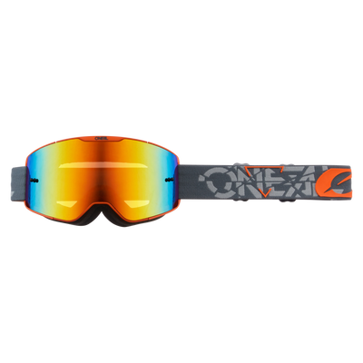 Front view of the O'NEAL B-20 Goggles STRAIN with orange reflective lenses, black webbing with gray and orange graphics and eye-catching "O'NEAL" lettering, providing the rider with a wide field of vision.