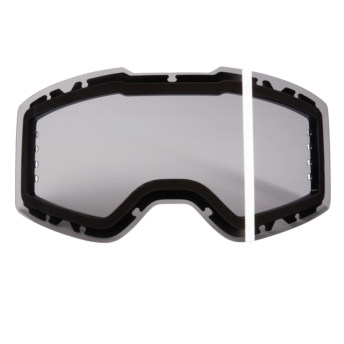 Die O'NEAL B-30 ROLL OFF SPARE LENS ist eine klare, grau getönte Goggle-Scheibe von O'NEAL mit einem einzelnen weißen vertikalen Streifen auf der rechten Seite und einer schwarzen Umrandung.