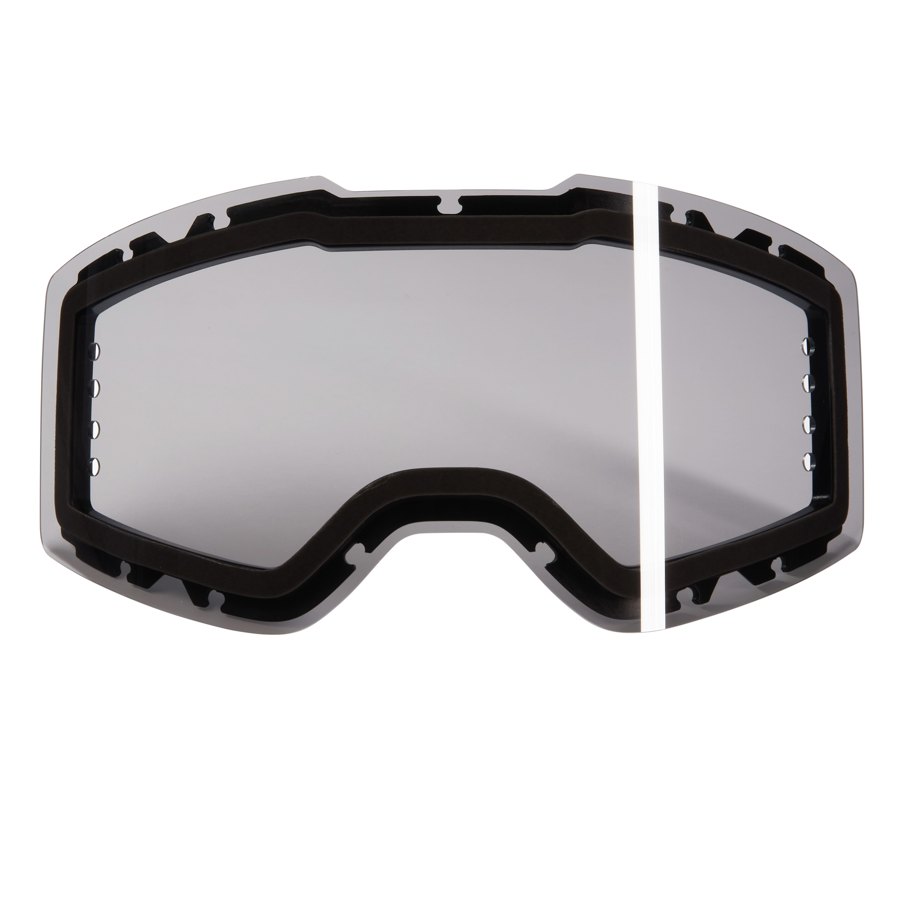 Die O'NEAL B-30 ROLL OFF SPARE LENS ist eine klare, grau getönte Goggle-Scheibe von O'NEAL mit einem einzelnen weißen vertikalen Streifen auf der rechten Seite und einer schwarzen Umrandung.