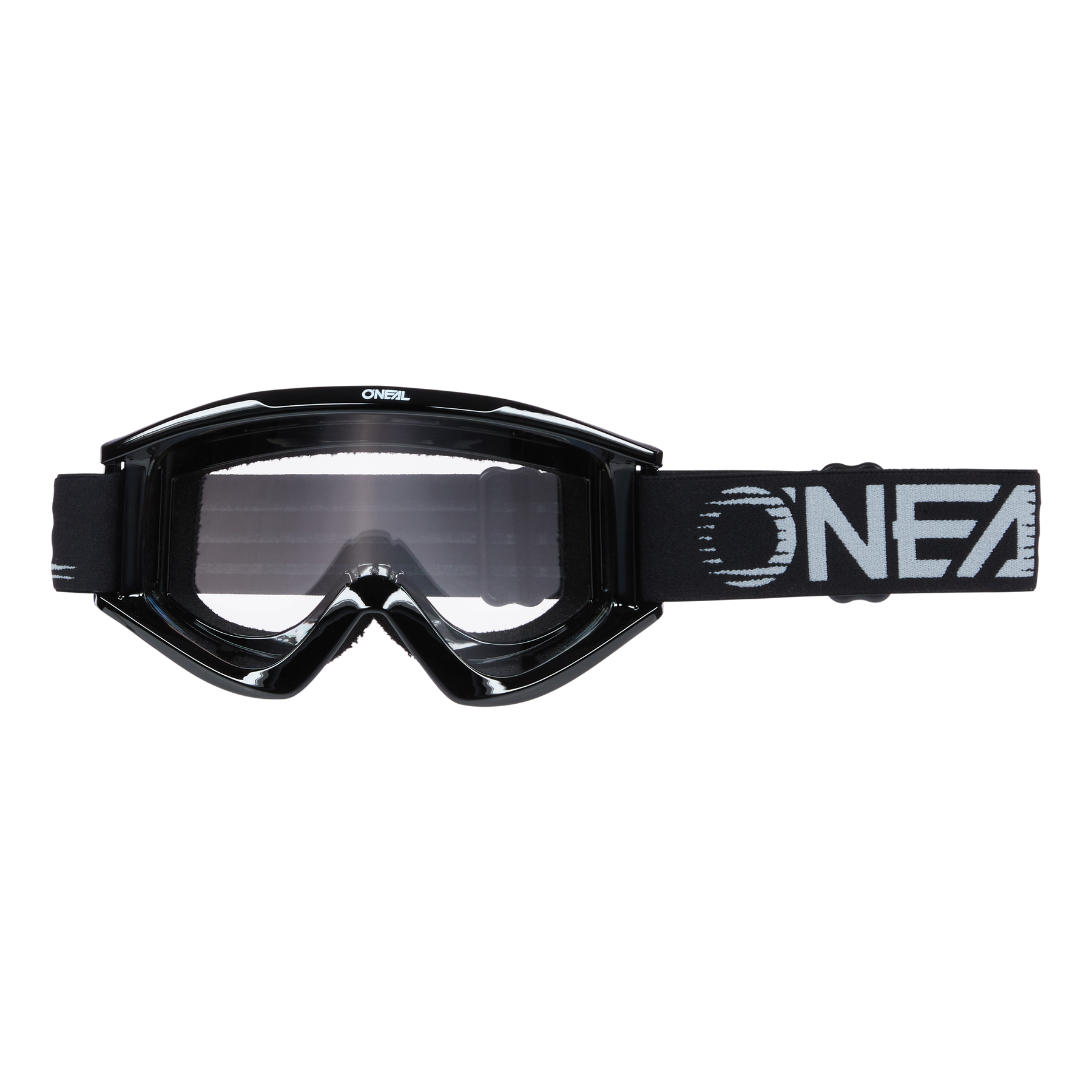 Eine O'NEAL B-ZERO Brille mit klarer Linse, einem verstellbaren Riemen mit dem in Weiß aufgedruckten Markennamen „O'NEAL“ und gestreiften weißen Akzenten auf schwarzem Hintergrund. Das schlanke, eckige Rahmendesign vervollständigt die Motocross-Brille.