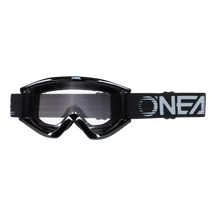 Eine O'NEAL B-ZERO Brille mit klarer Linse, einem verstellbaren Riemen mit dem in Weiß aufgedruckten Markennamen „O'NEAL“ und gestreiften weißen Akzenten auf schwarzem Hintergrund. Das schlanke, eckige Rahmendesign vervollständigt die Motocross-Brille.